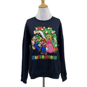 Super Mario Sweatshirt Adult S Small Navy Nintendo Graphic Crew Neck Fleece